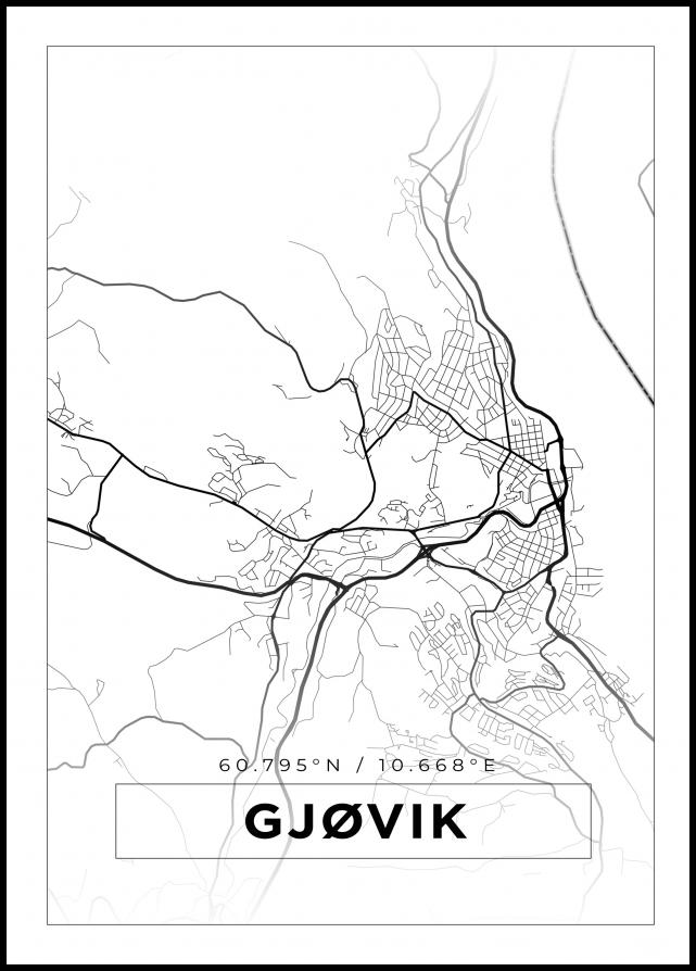 Kart - Gjøvik - Hvit Plakat