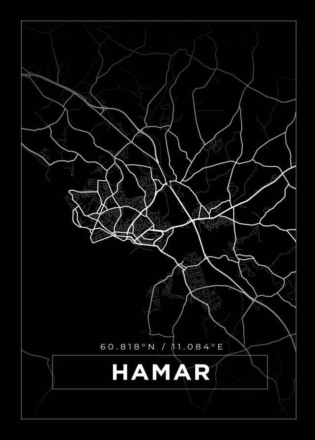 Kart - Hamar - Svart Plakat