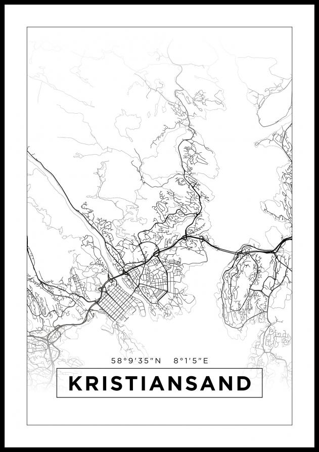 Kart - Kristiansand - Hvit Plakat