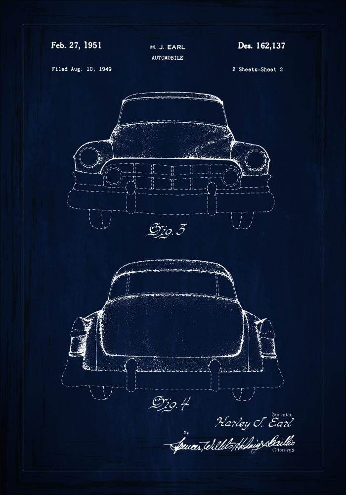 Patenttegning - Cadillac II - Blå Plakat