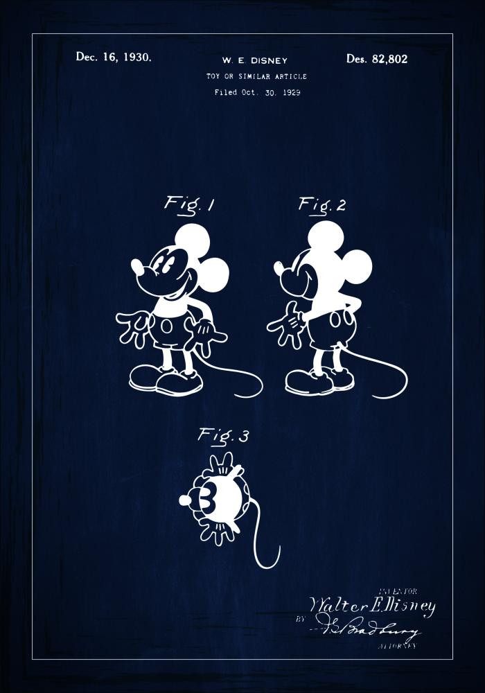 Patenttegning - Disney - Mickey - Blå Plakat