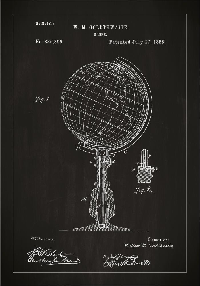 Patenttegning - Globus - Svart Plakat