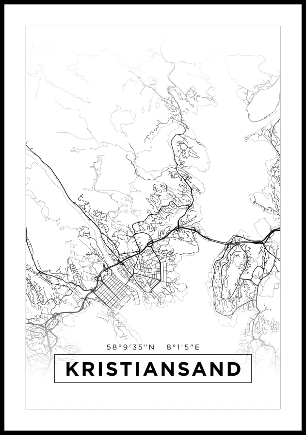 Kart - Kristiansand - Hvit Plakat