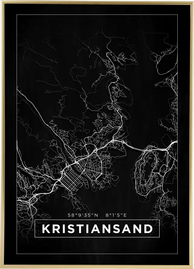 Kart - Kristiansand - Svart Plakat