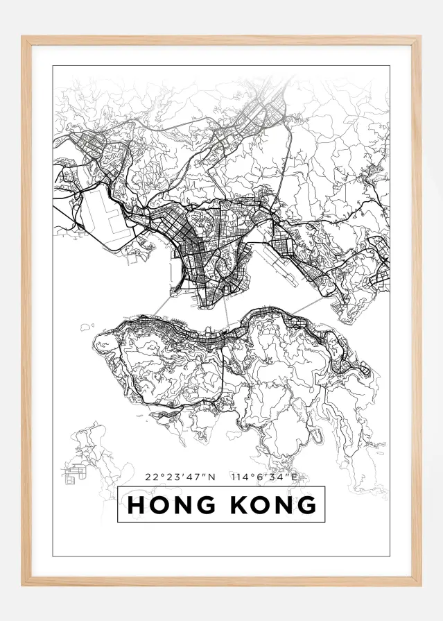 Kart - Hong Kong - Hvit Plakat