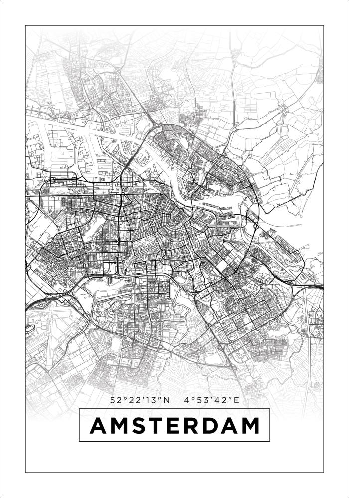 Kart - Amsterdam - Hvit Plakat