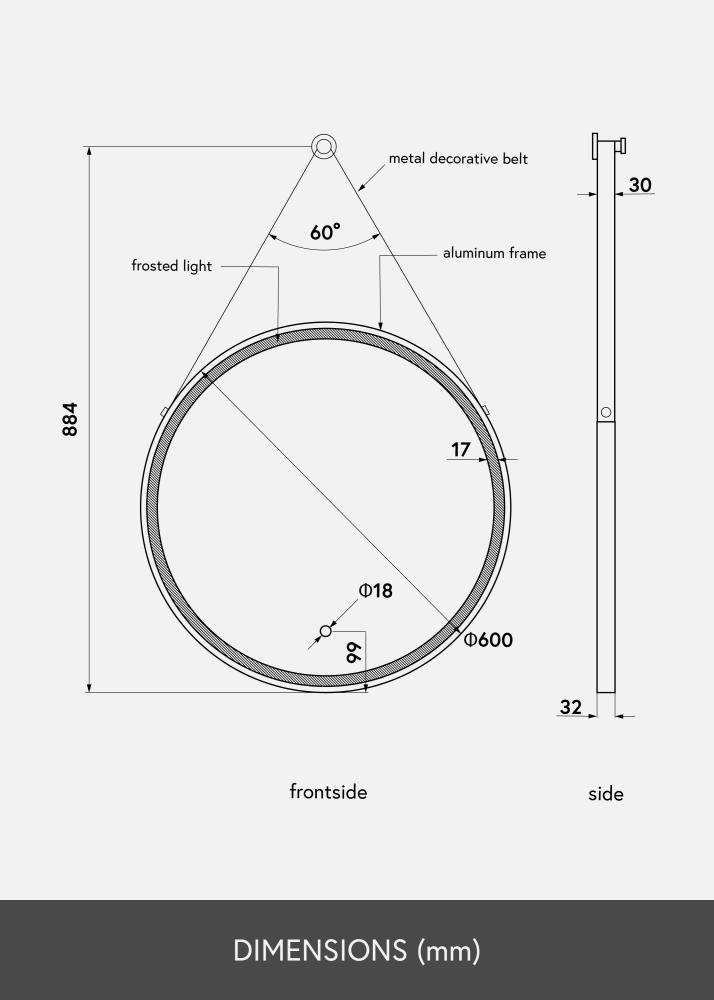 KAILA Speil Belt LED Guld 60 cm Ø