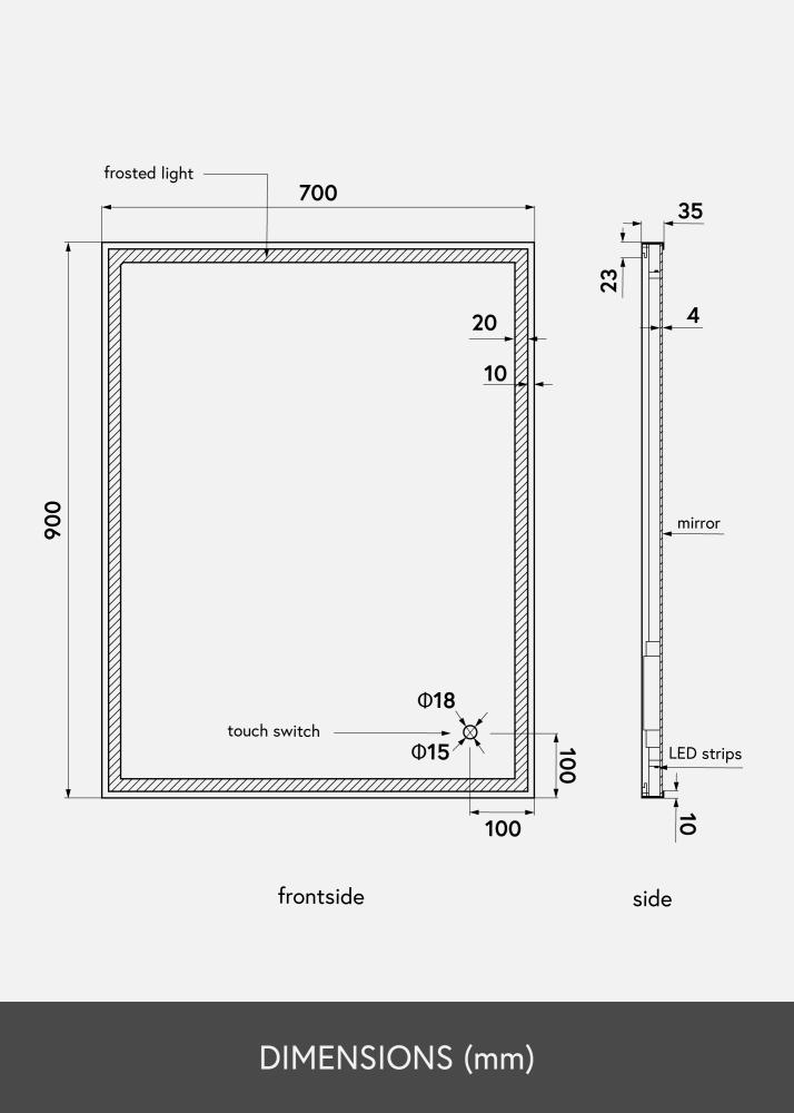 KAILA Speil Corners LED 70x90 cm