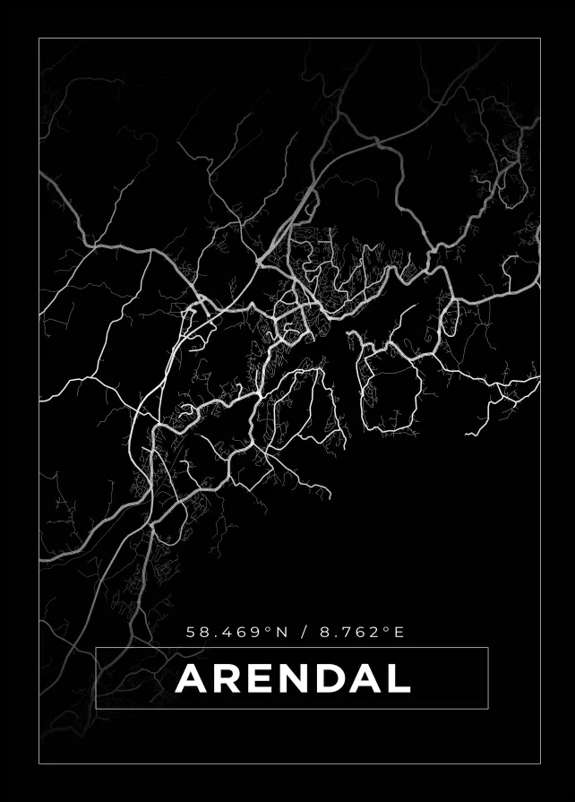 Kart - Arendal - Svart Plakat