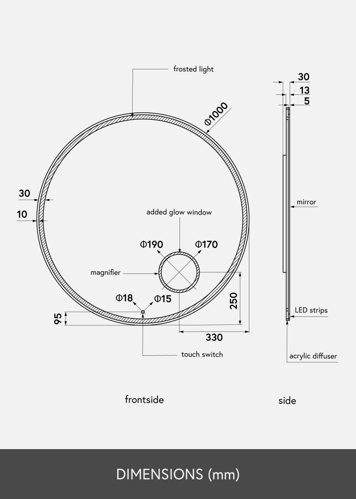 KAILA Speil Circular Magnifying LED 100 cm Ø