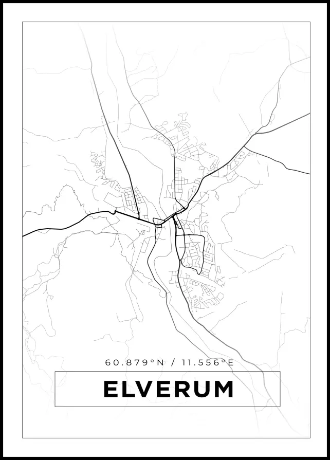 Kart - Elverum - Hvit Plakat