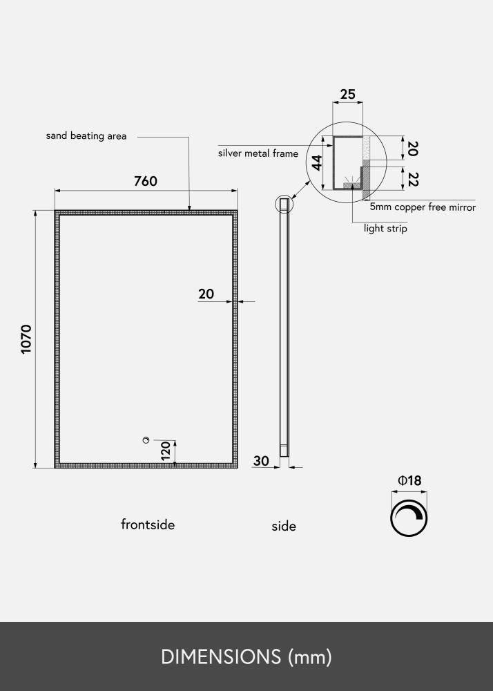 KAILA Speil Corners III LED 76x107 cm