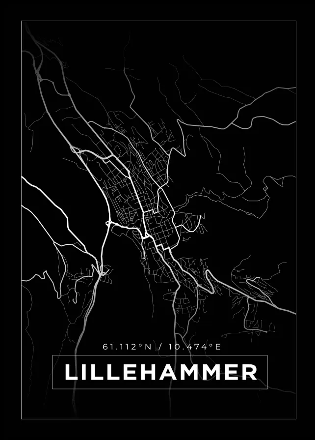 Kart - Lillehammer - Svart Plakat