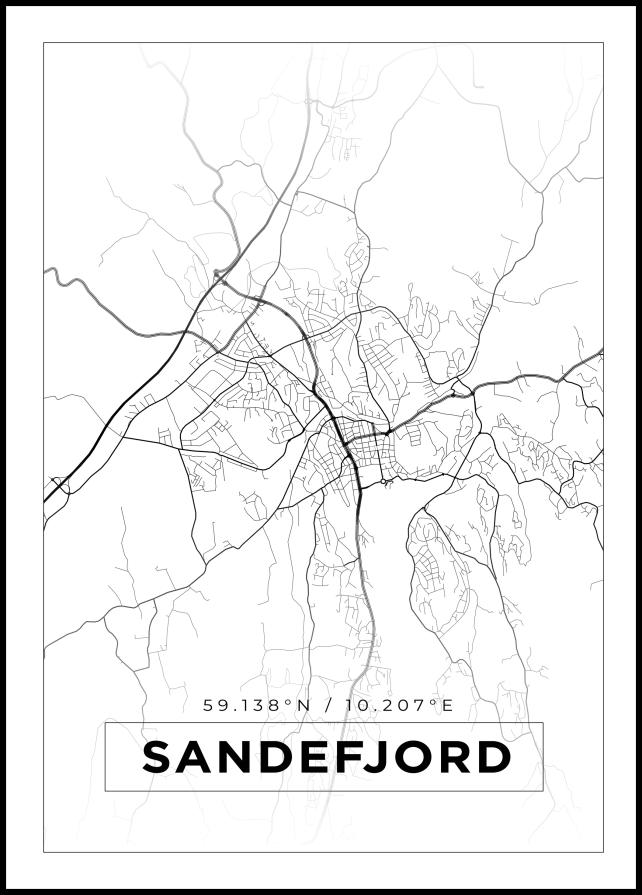 Kart - Sandefjord - Hvit Plakat