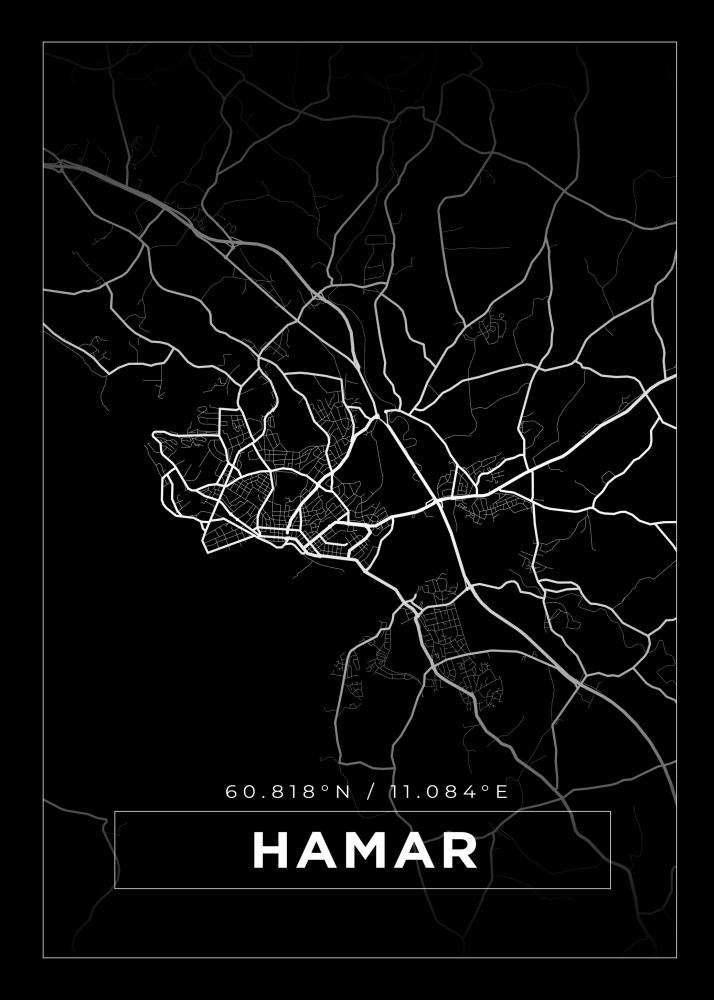 Kart - Hamar - Svart Plakat