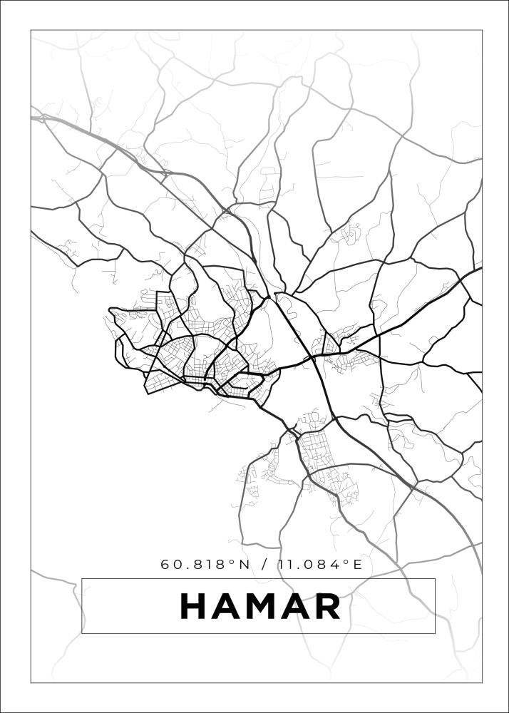 Kart - Hamar - Hvit Plakat