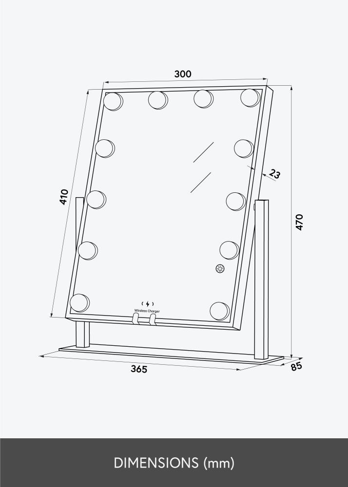 KAILA Sminkespeil Hollywood 12 med Trådløs Lader Svart 30x41 cm