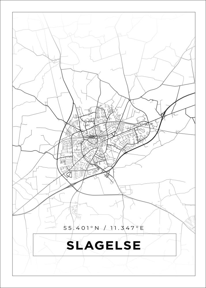 Kart - Slagelse - Hvit Plakat