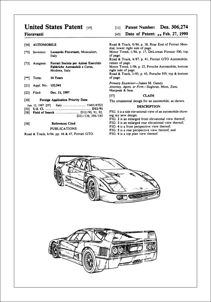 Patenttegning - Ferrari F40 I - Poster Plakat