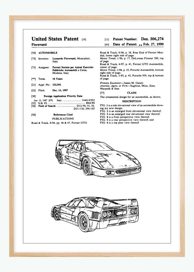 Patenttegning - Ferrari F40 I - Poster Plakat